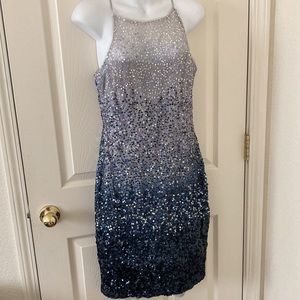 Badgley Mischka blue sequin ombré sheath cocktail dress 12 preOwned